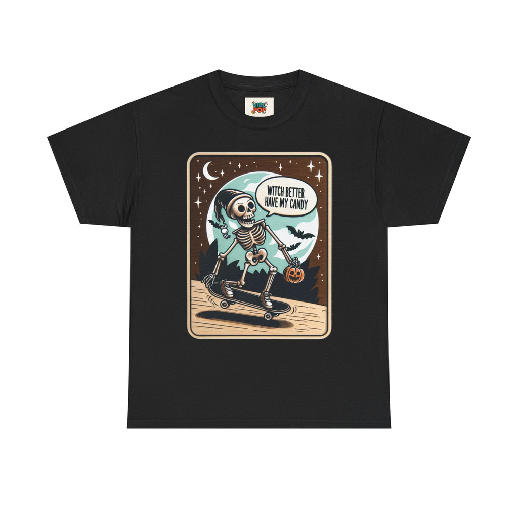 Spooky, Humor, Skeleton Skateboard Unisex Tee, Halloween T-Shirt, Graphic Tee, Casual Wear, Skull Shirt, Fun Autumn Fashion