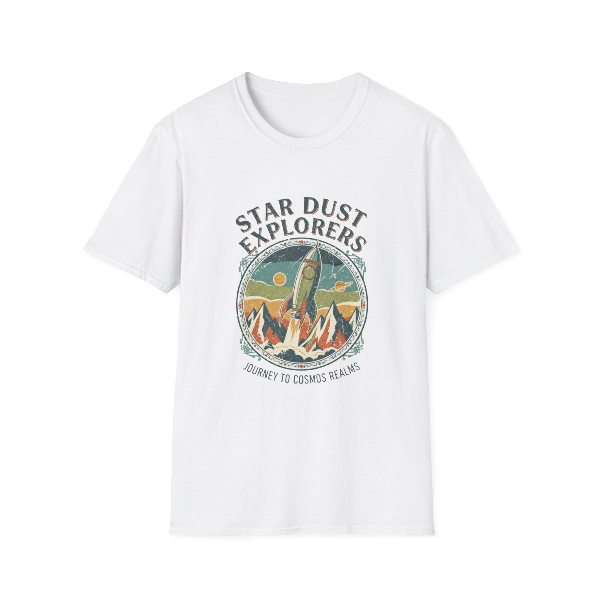 White t-shirt with 'Star Dust Explorers' graphic design on a white background, Vintage, Bygone