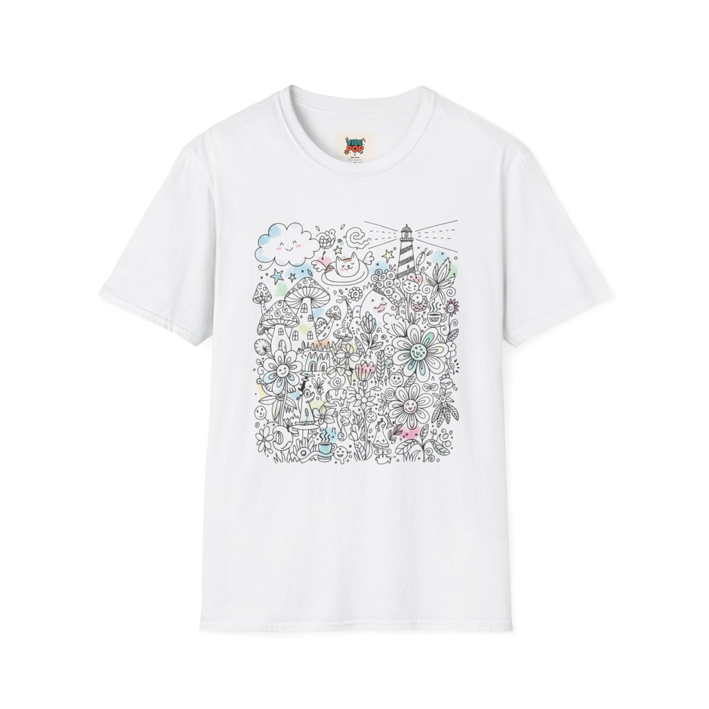 White t-shirt with colorful doodle design on a white background
