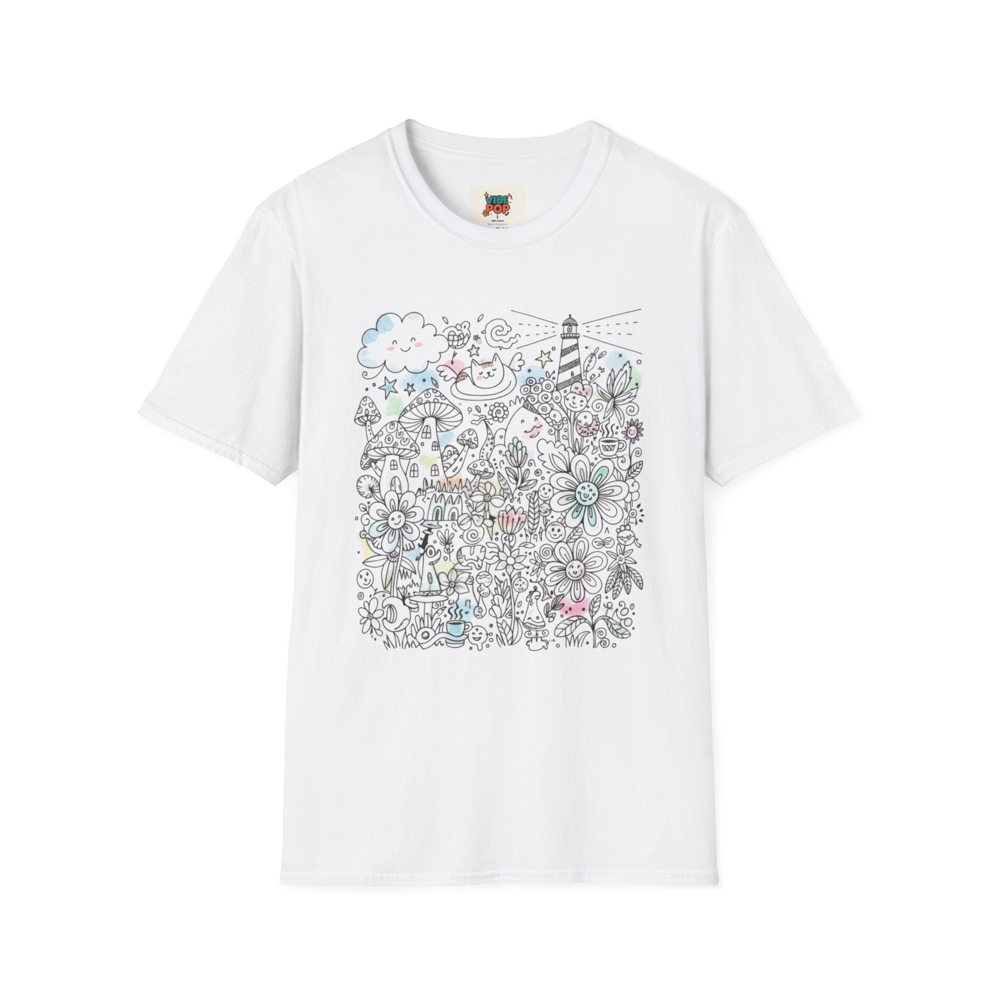 White t-shirt with colorful doodle design on a white background