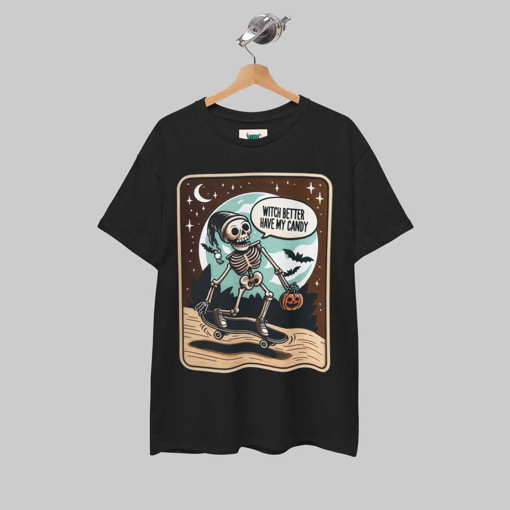 Spooky, Humor, Skeleton Skateboard Unisex Tee, Halloween T-Shirt, Graphic Tee, Casual Wear, Skull Shirt, Fun Autumn Fashion