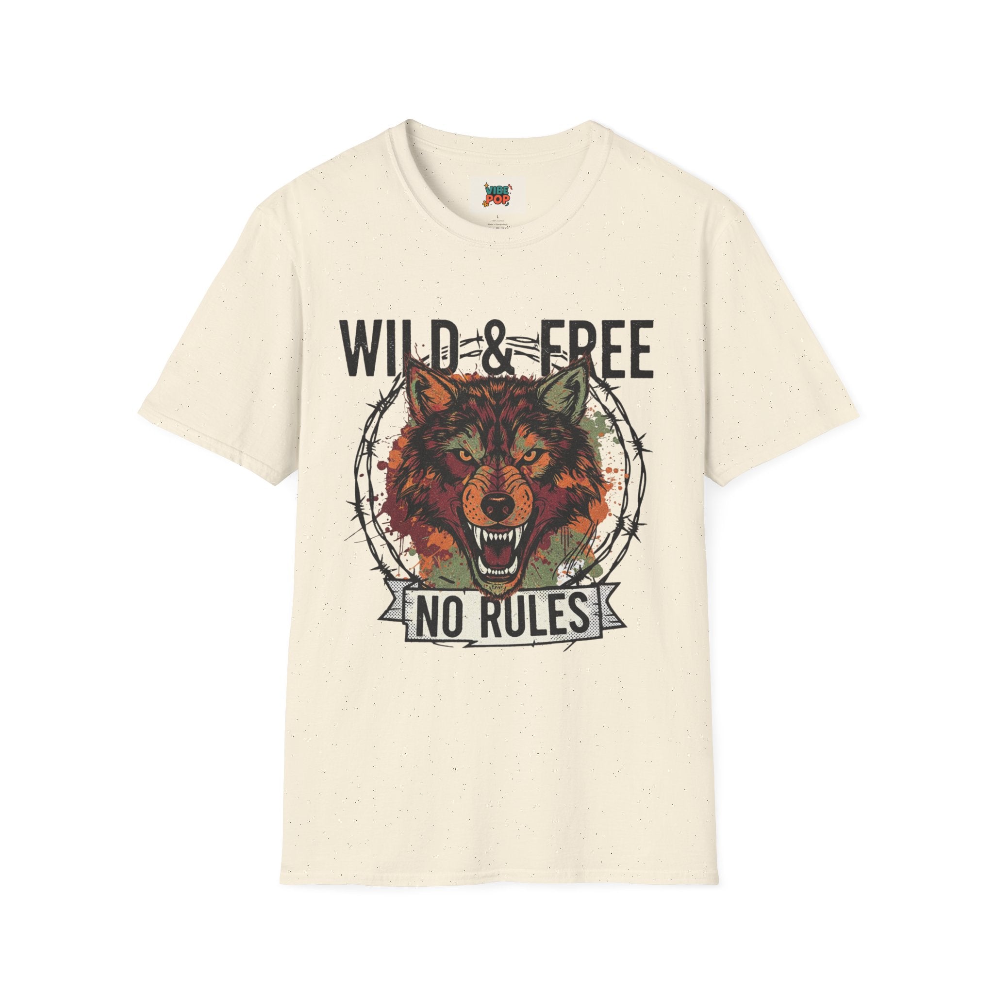 Beige t-shirt with a wolf graphic and text 'Wild & Free No Rules' on a white background, Edgy, Raw