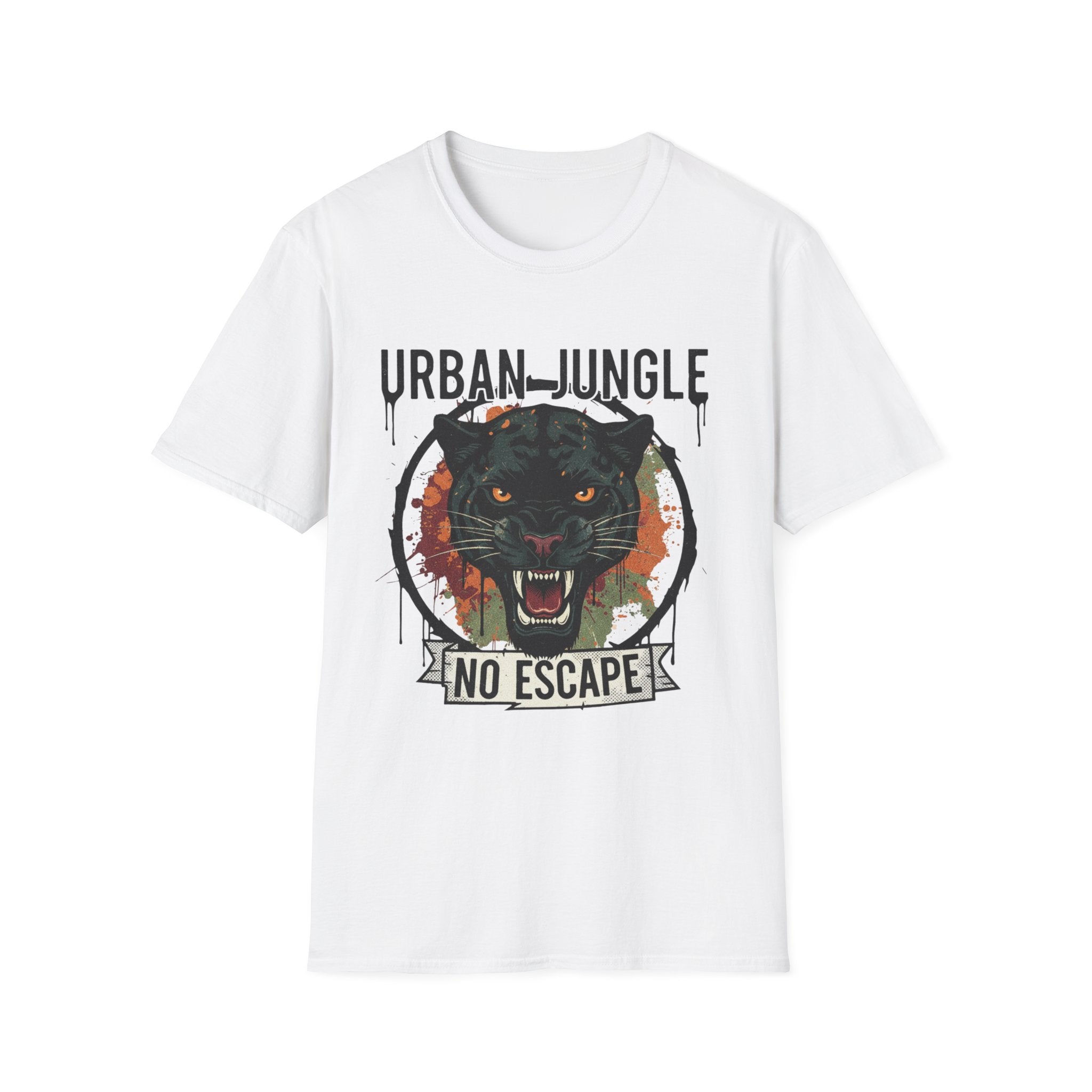 White t-shirt with a black panther graphic and text 'Urban Jungle No Escape' on a white background, Edgy Raw