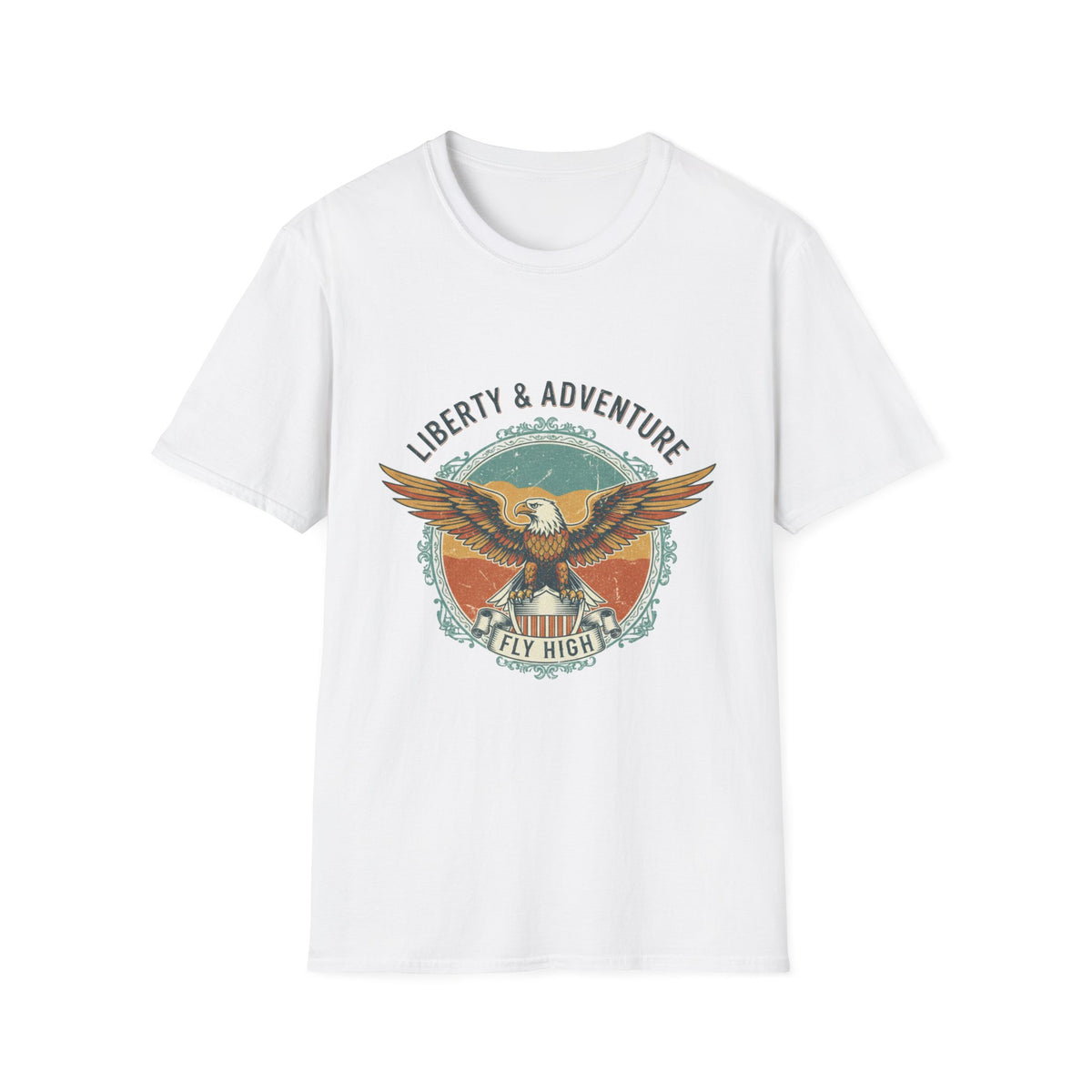 White t-shirt with eagle graphic and 'Liberty & Adventure Fly High' text on a white background, Vintage 