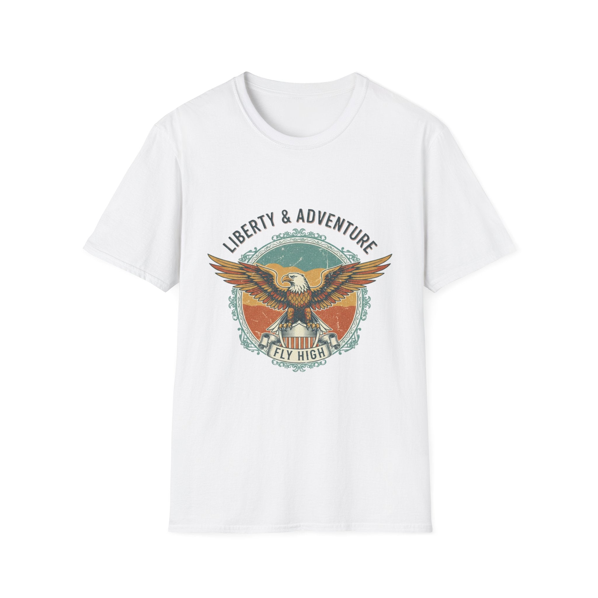 White t-shirt with eagle graphic and 'Liberty & Adventure Fly High' text on a white background, Vintage 
