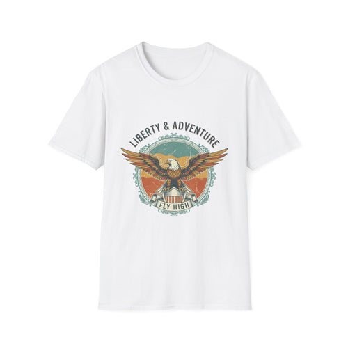 White t-shirt with eagle graphic and 'Liberty & Adventure Fly High' text on a white background, Vintage 